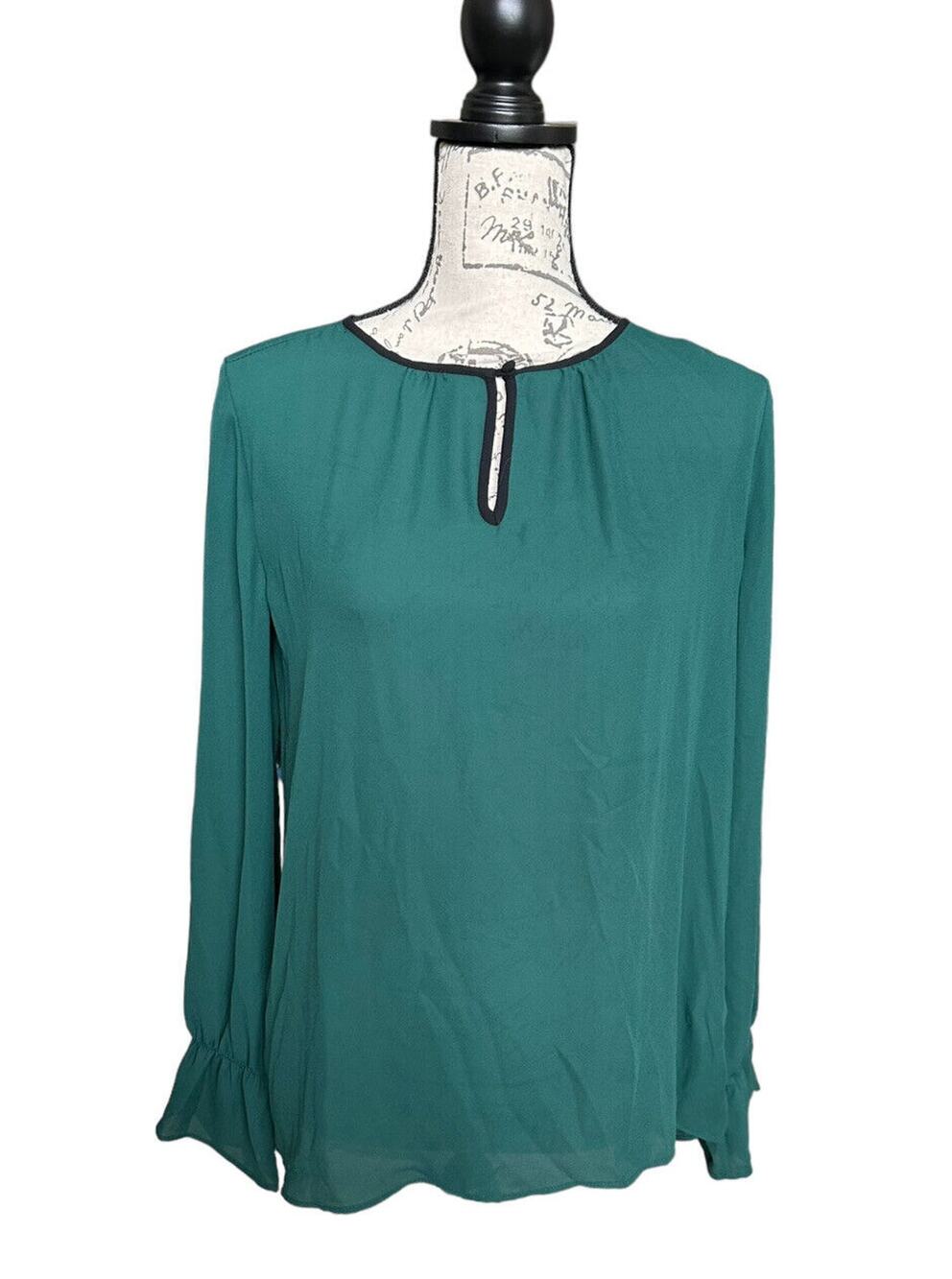 New Primark Long Sleeve Chiffon Blouse Green w/ Black Trim Keyhole US 6 NWT